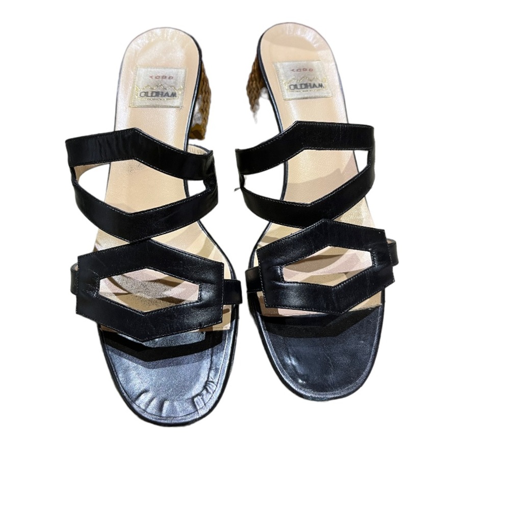 VINTAGE! Todd Oldham/Lerre Black leather sandals w/ Multi color woven heel 8 1/2